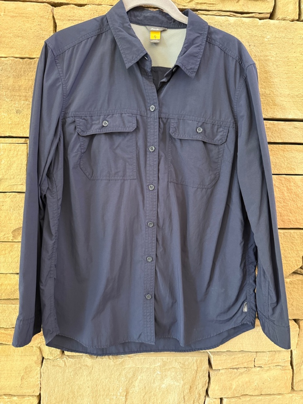 Eddie Bauer Navy Lightweight Button-Up Shirt, Breathable yoke, Ripstop Fabric